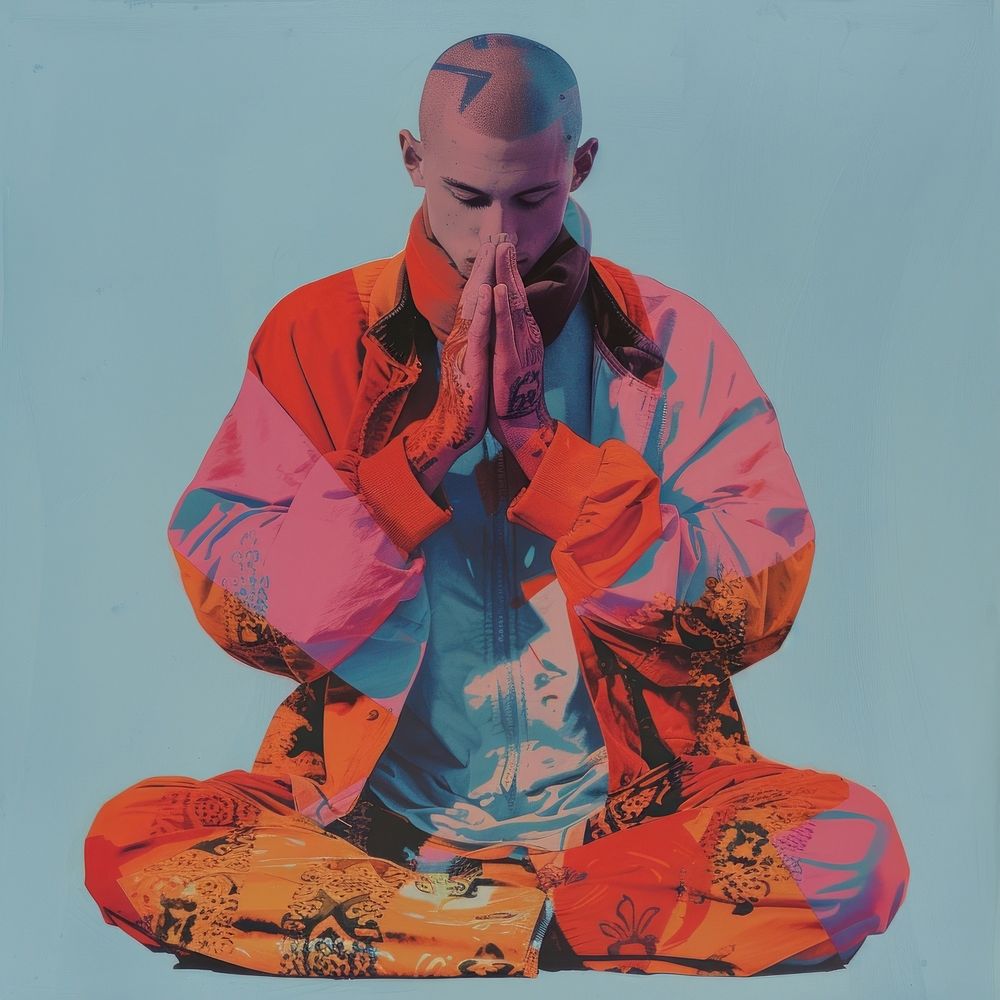 Collage of monk praying clothing exercise apparel.