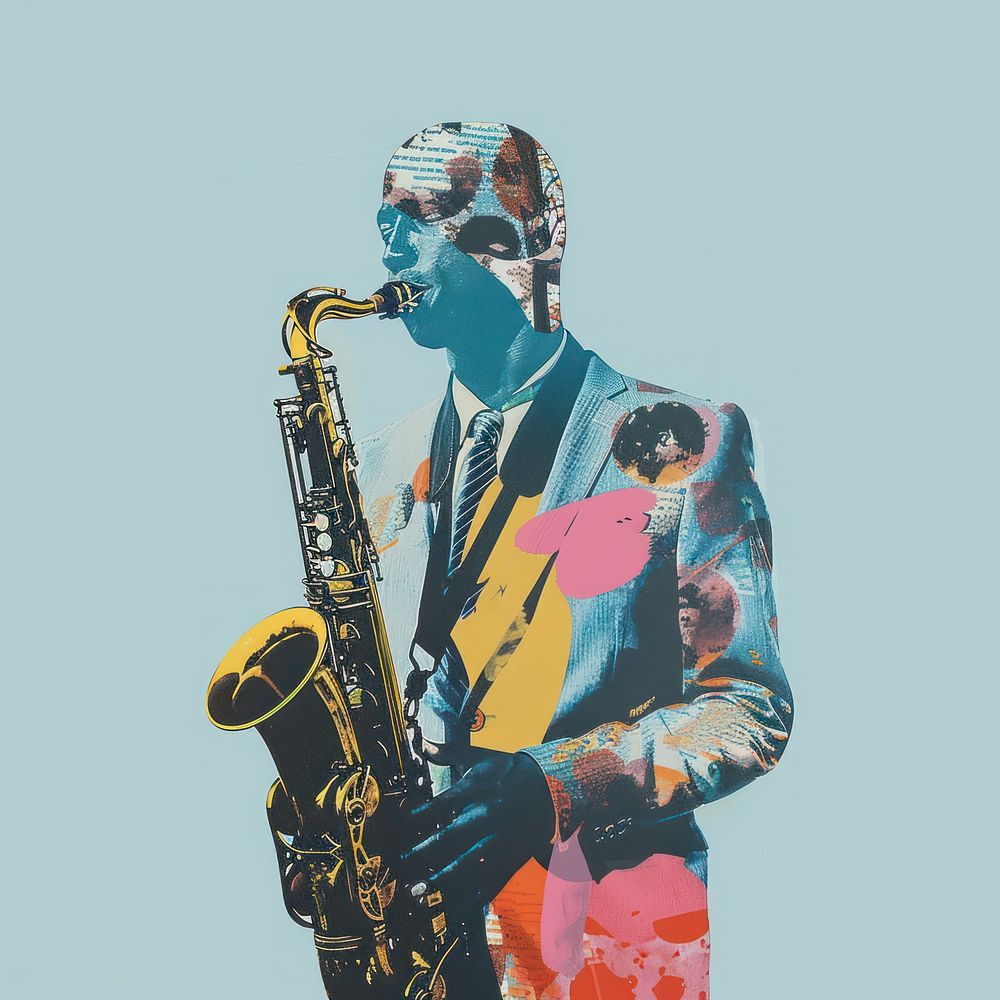 Collage on head of man saxophone person adult.
