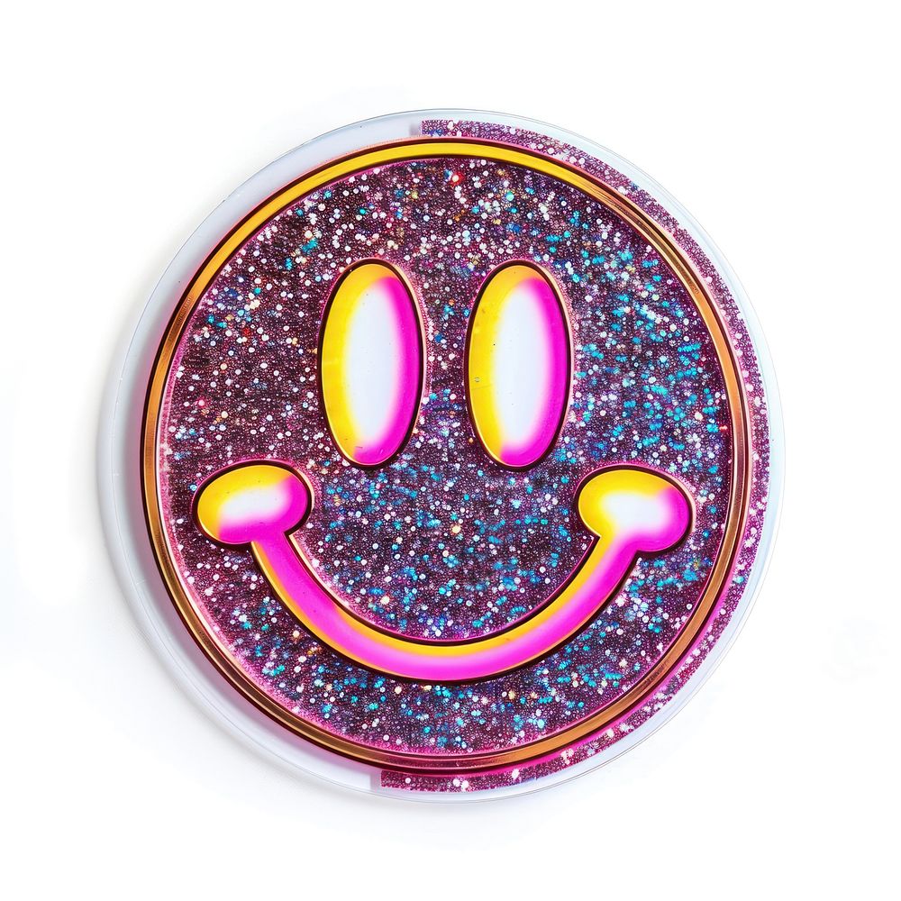 Glitter smiley flat sticker purple symbol badge.