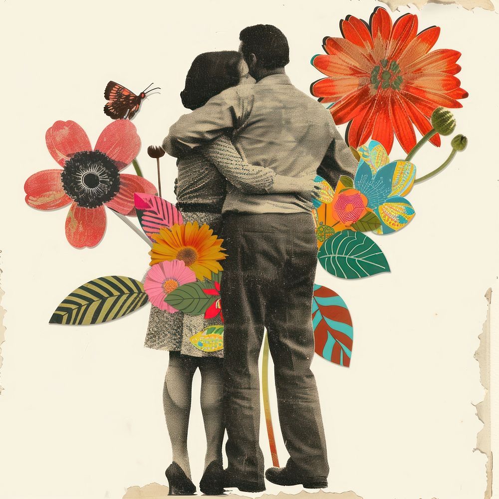 Paper collage of people hugging flower asteraceae graphics.
