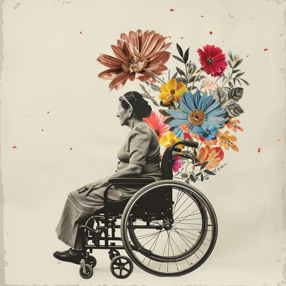 Paper collage of disabled woman wheelchair flower furniture.