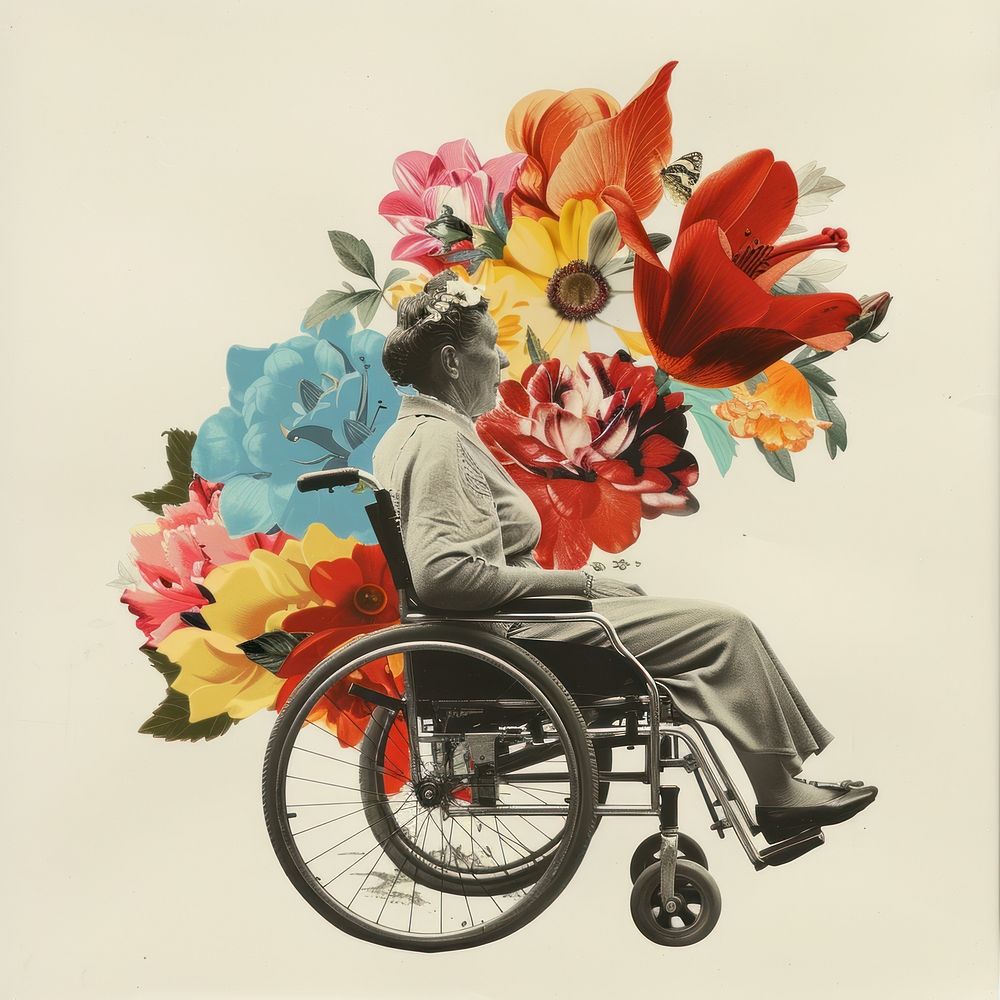 Paper collage of disabled woman wheelchair flower furniture.