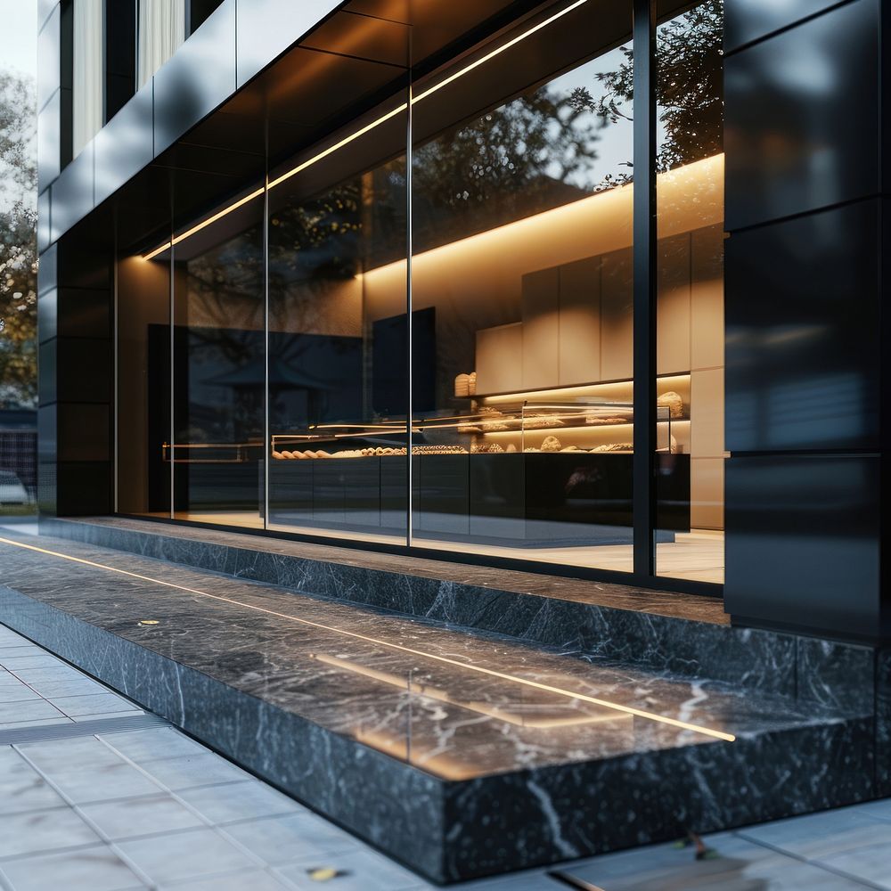 Material of its base is glass mockup door architecture building.