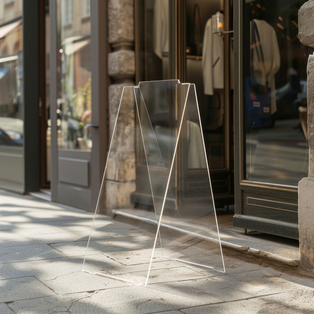 A clear acrylic A-stand standing mockup furniture person human.
