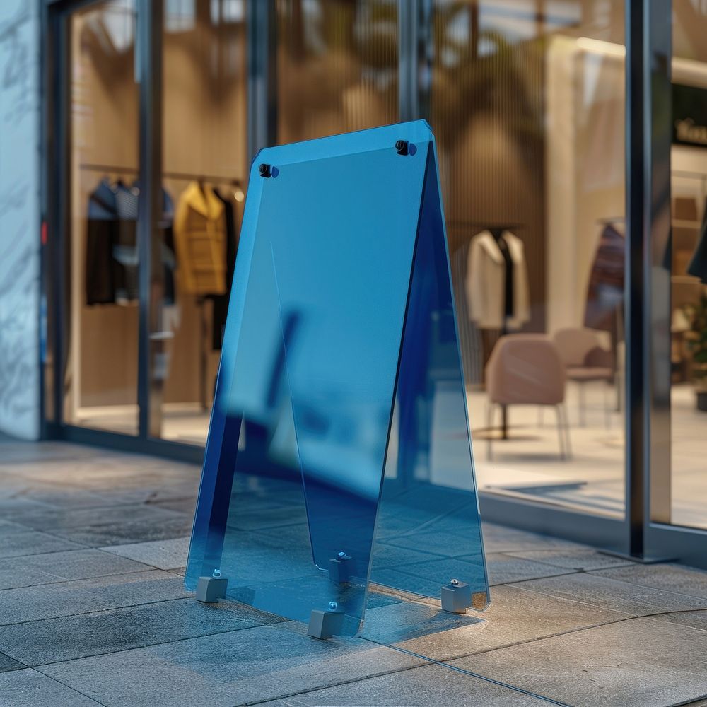 A blue acrylic A-stand standing mockup furniture fence door.