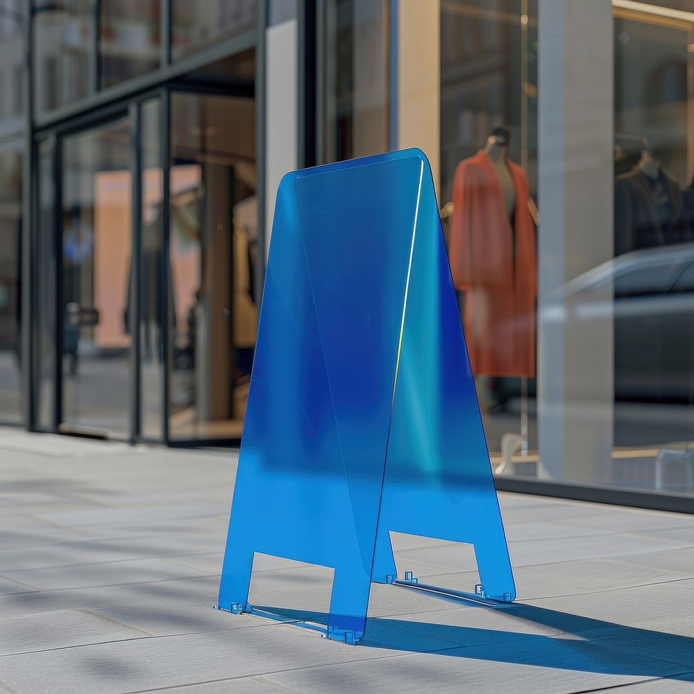 A blue acrylic A-stand standing mockup furniture person fence.
