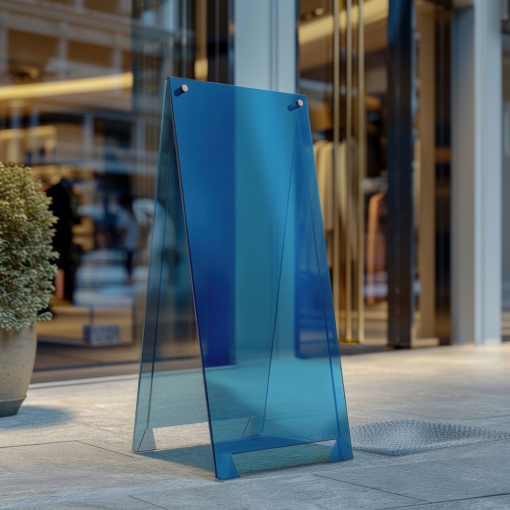 A blue acrylic A-stand standing mockup person plant fence.