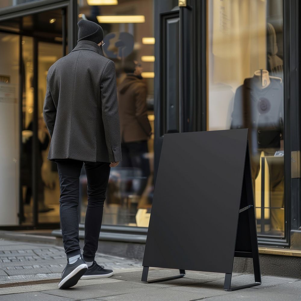A black acrylic A-stand standing mockup man clothing overcoat.
