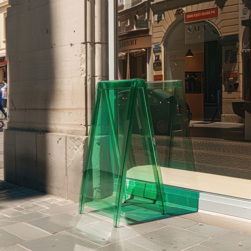 A green acrylic A-stand standing mockup furniture barricade person.