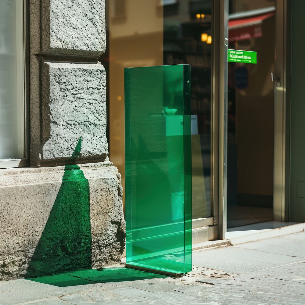 A green acrylic stand standing mockup street urban city.