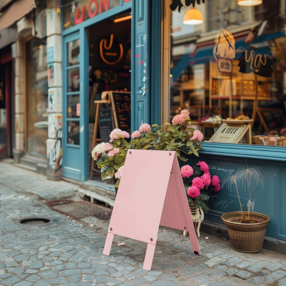 A pink acrylic A-stand standing mockup street furniture plant.