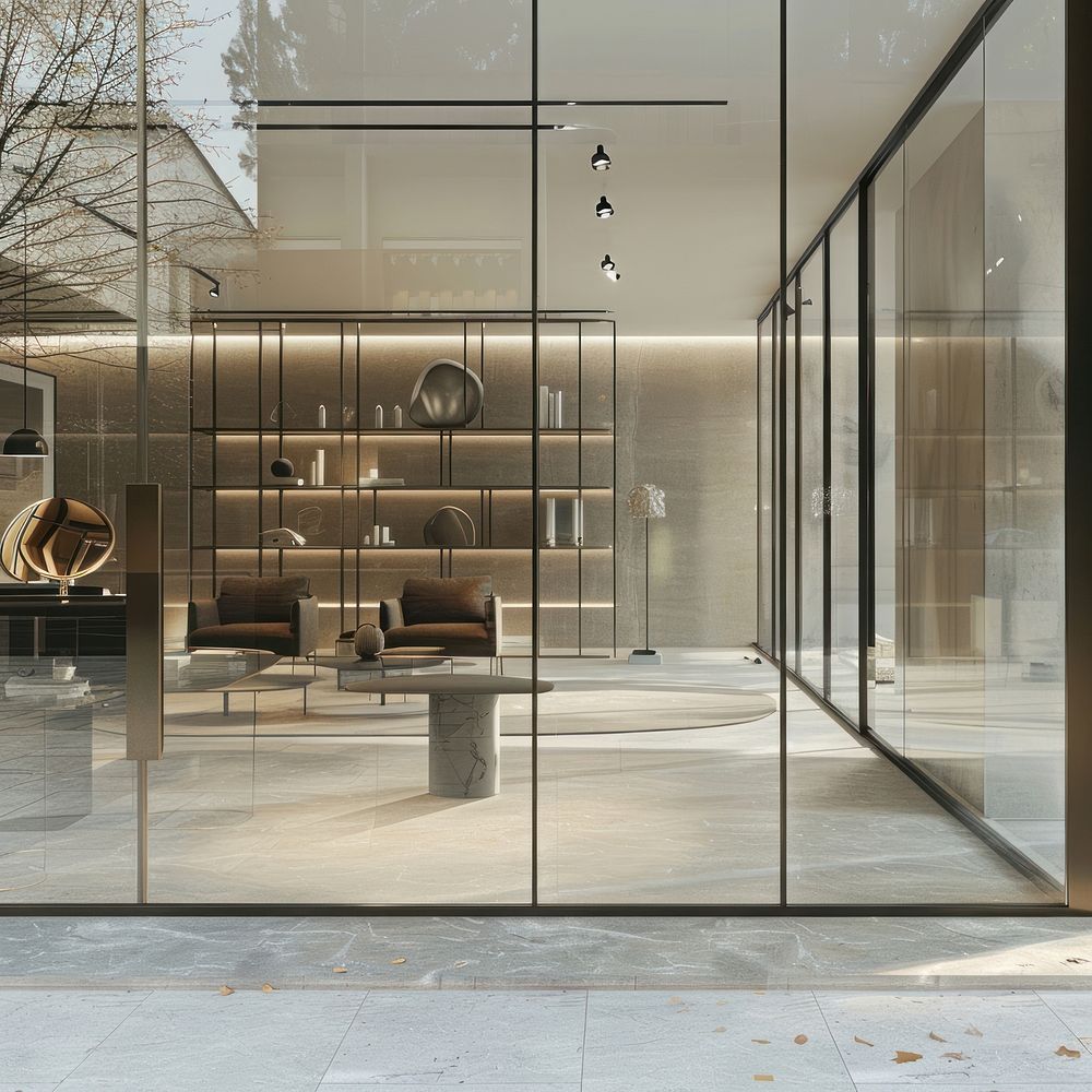 Material of its base is glass mockup furniture door architecture.