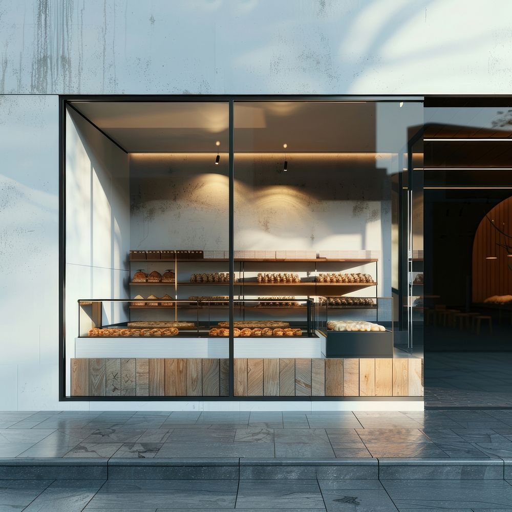 The material of its base is glass mockup bakery shop.