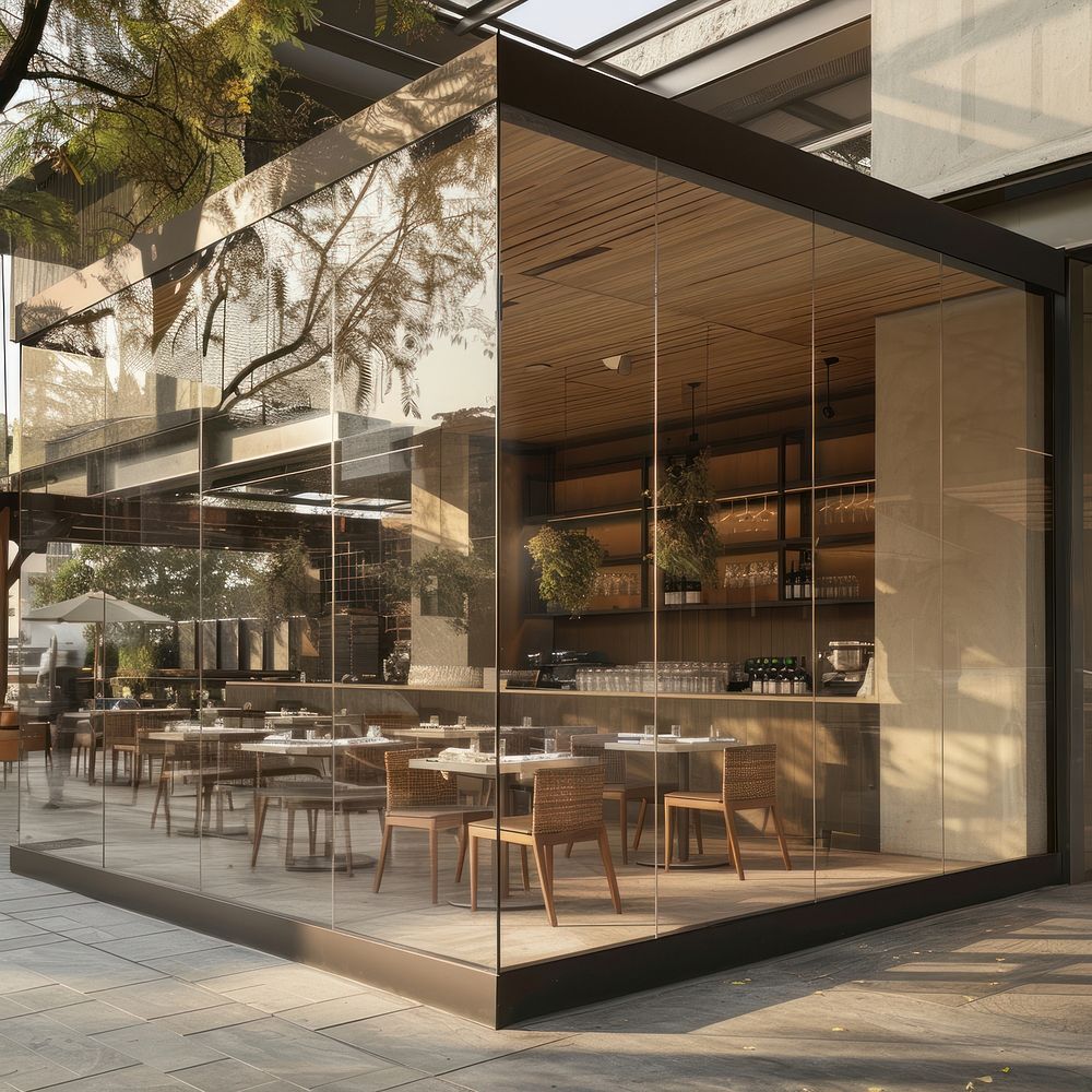 The material of its base is glass mockup restaurant door architecture.