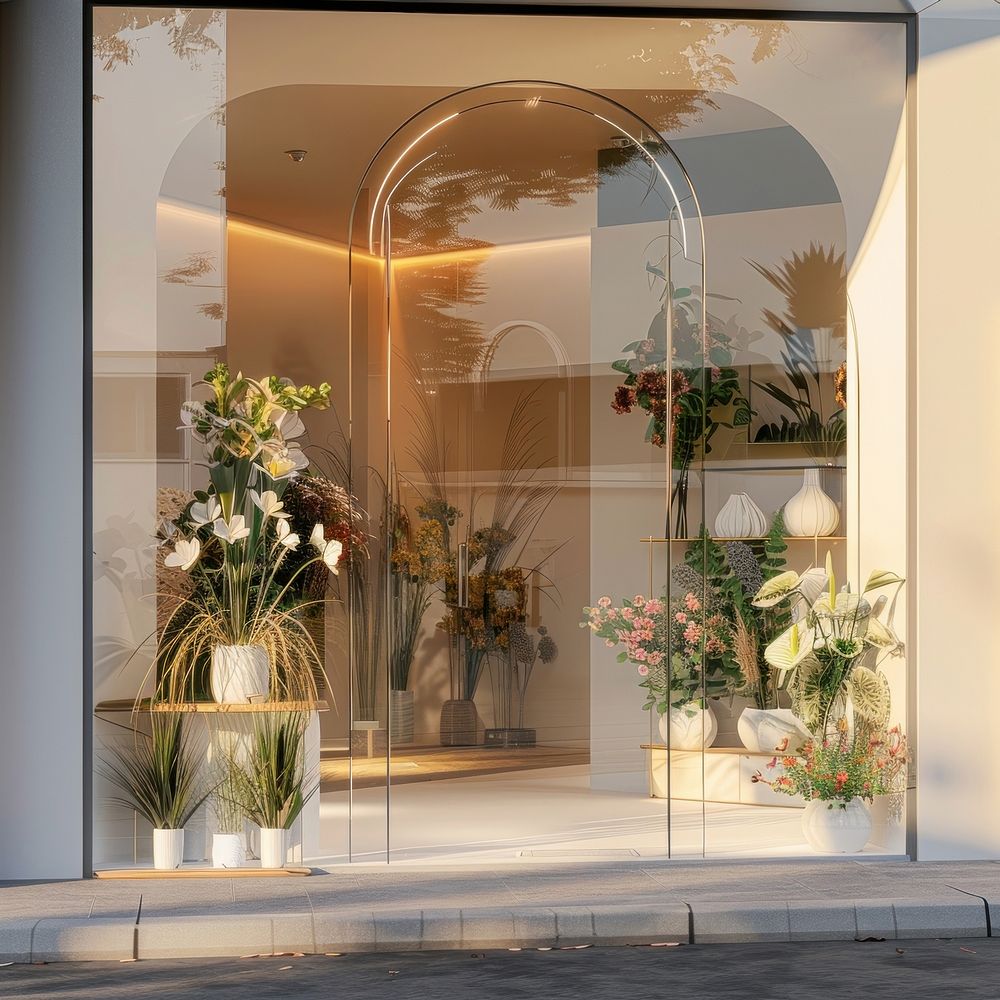 The material of its base is glass mockup flower shop door.