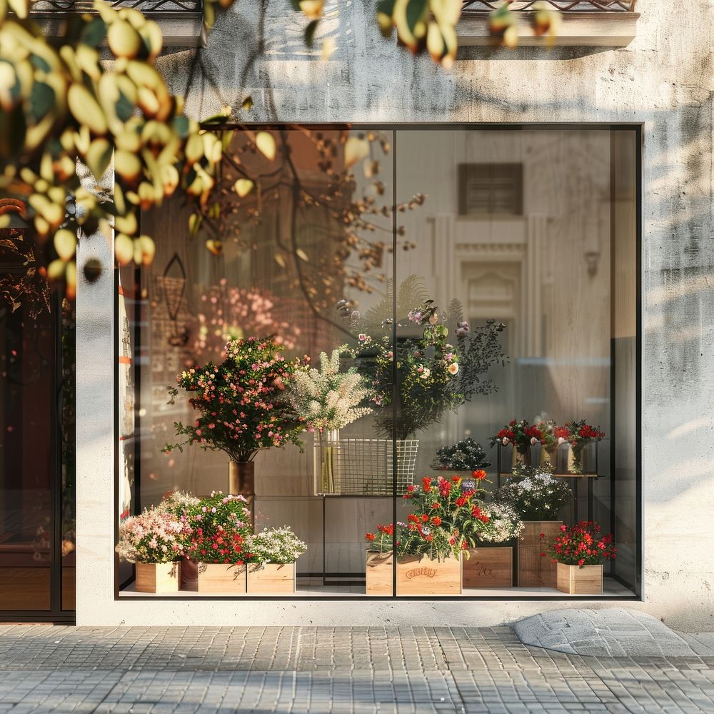 The material of its base is glass mockup flower door shop.