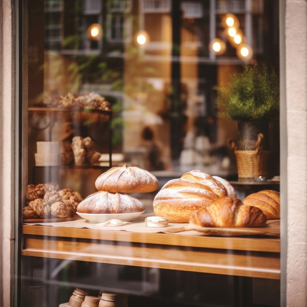 Bakery window aesthetic mockup shop windowsill bread.