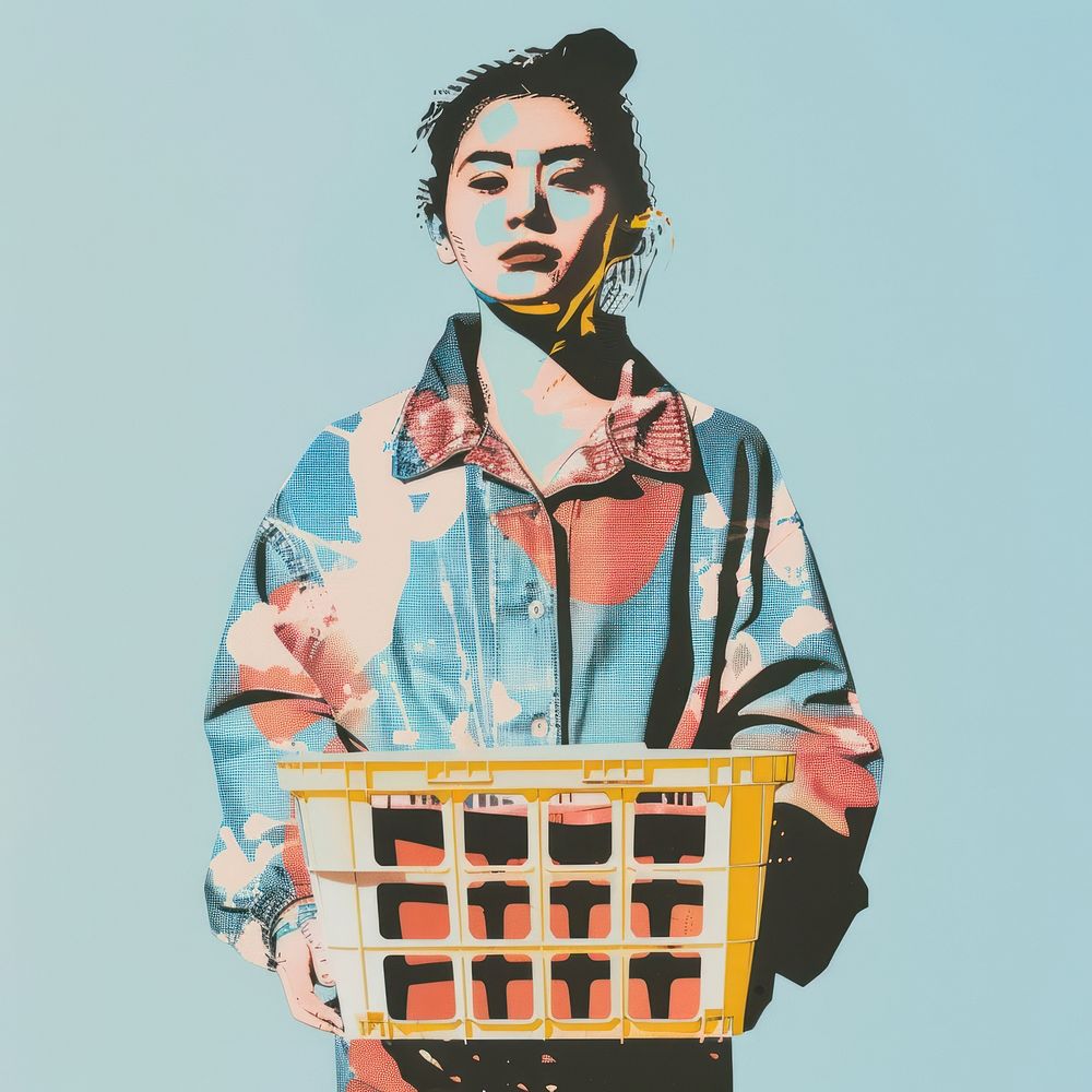 Collage of woman holding laundry basket advertisement clothing painting.