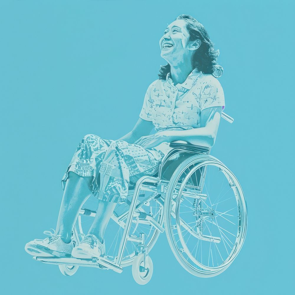 Photo collage of woman in wheelchair transportation furniture e-scooter.