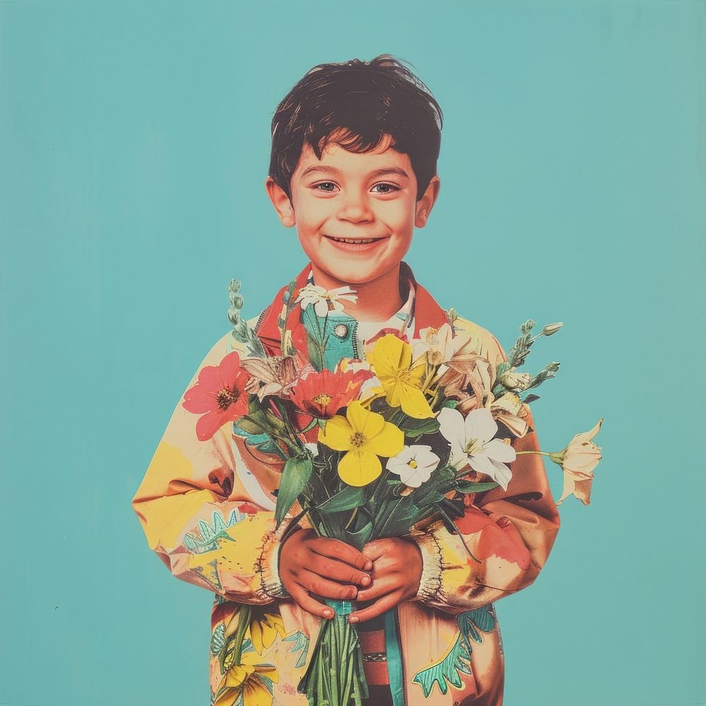 Photo collage of boy holding flower bouquet portrait photography clothing.