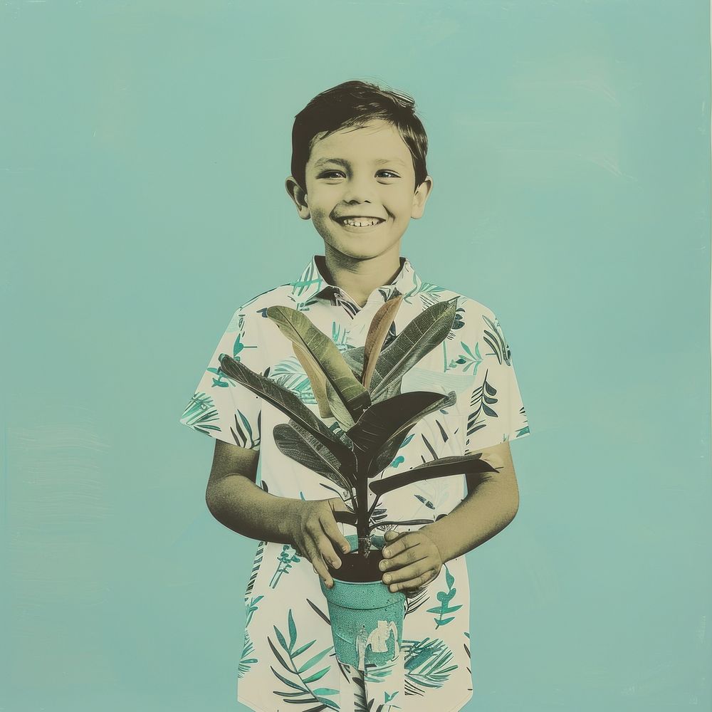 Photo collage of boy holding plant portrait smile photography.