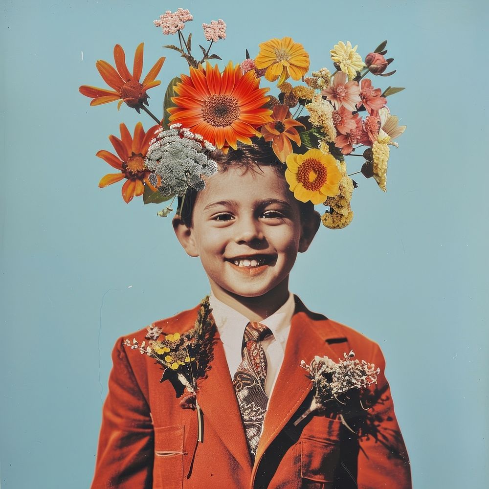 Photo collage of boy wearing flower bouquet portrait jacket photography.