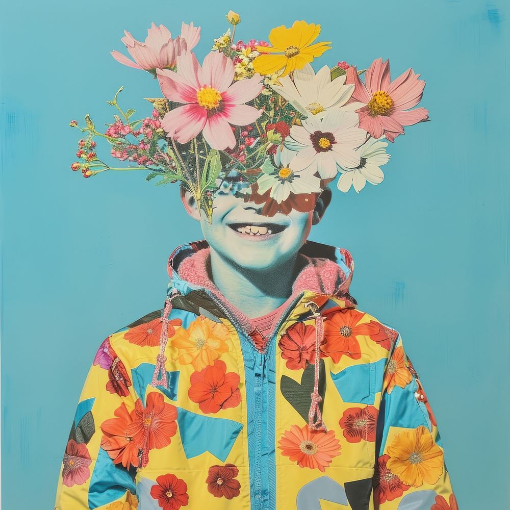 Photo collage of boy wearing flower bouquet portrait jacket photography.