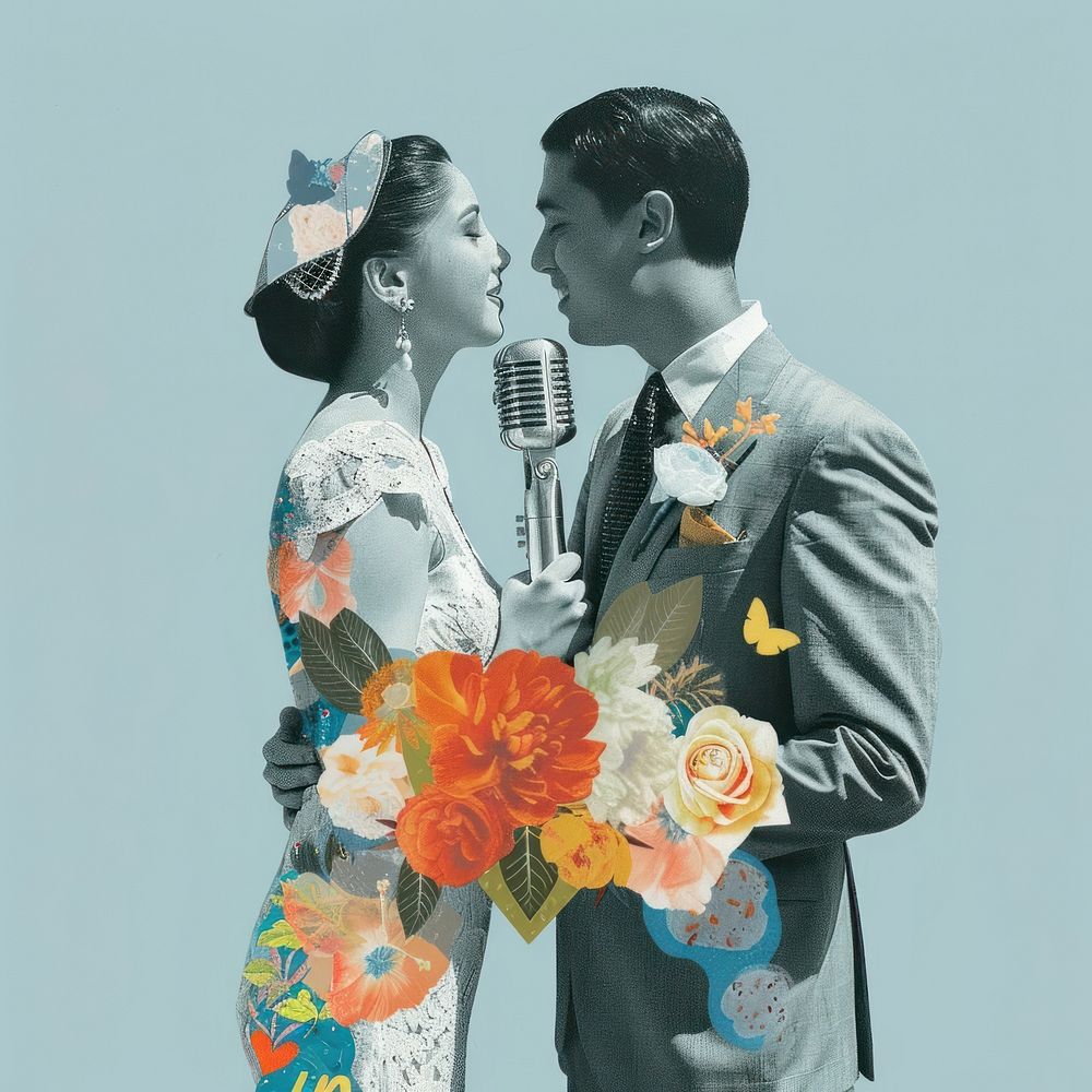 Collage of bride and groom couple hugging microphone portrait photo.