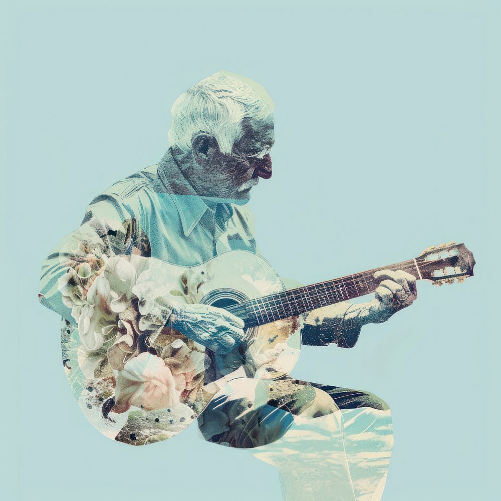 Photo collage of elderly playing guitar recreation guitarist performer.