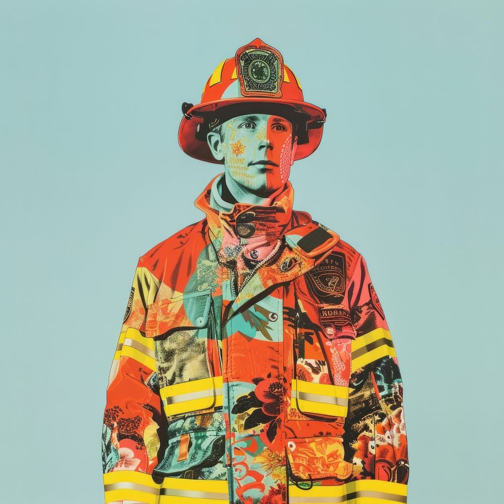 Photo collage of fire fighter portrait jacket photography.