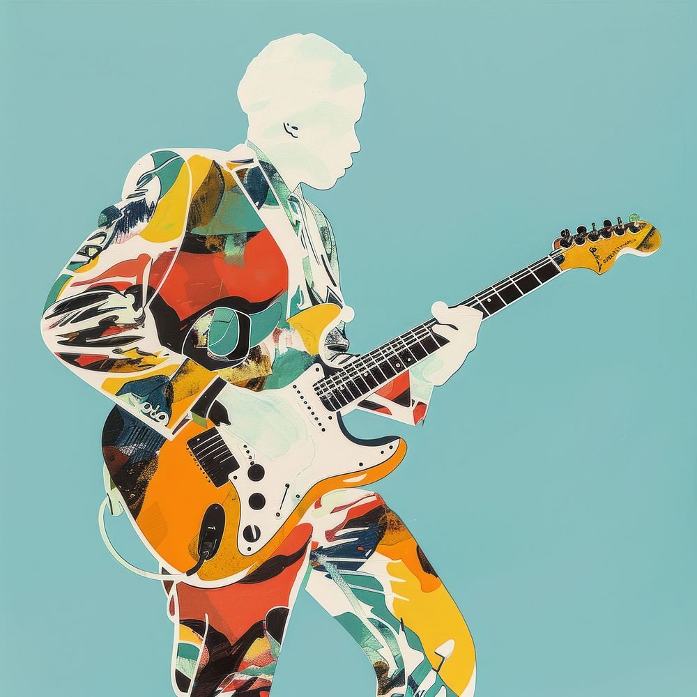 Collage of man playing guitar recreation guitarist performer.