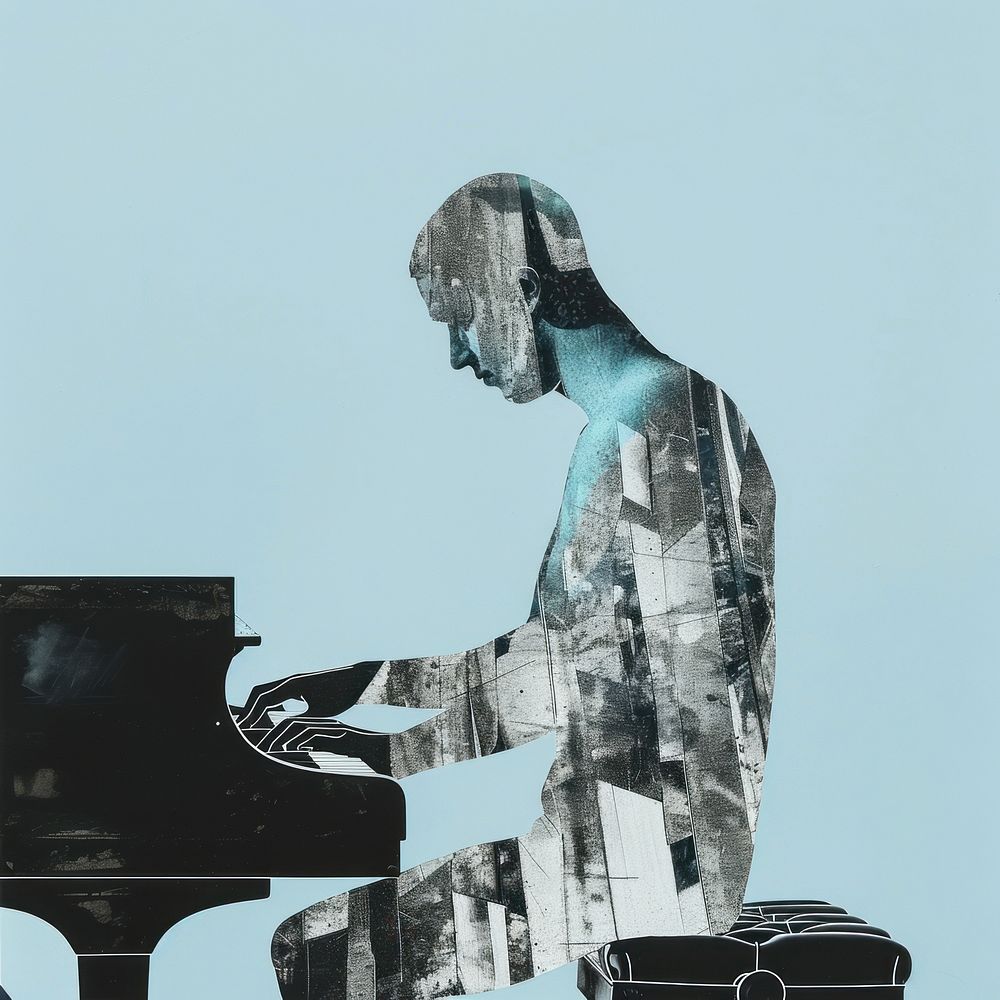 Photo collage of man playing piano recreation performer keyboard.