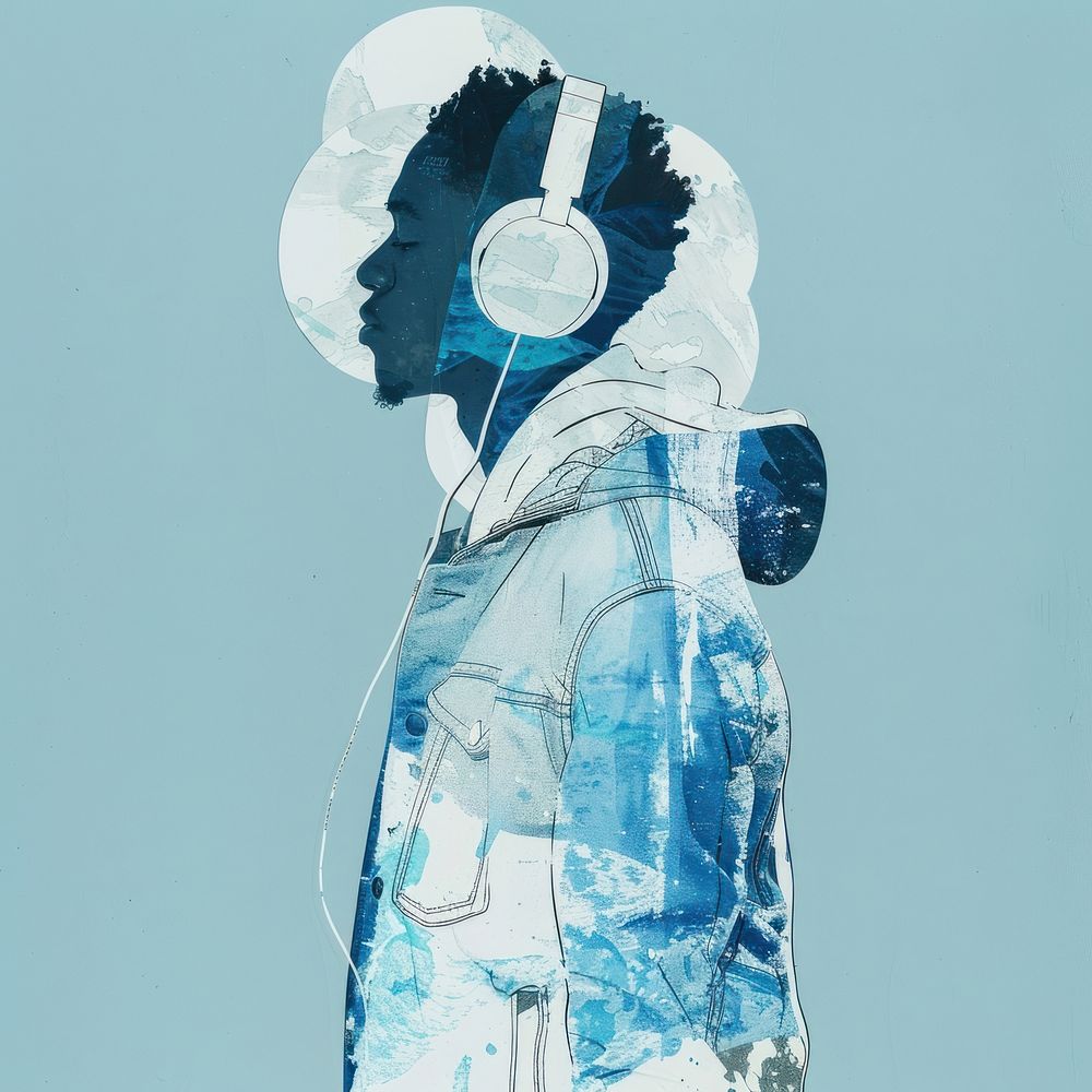 Photo collage of man wearing headphone electronics clothing painting.