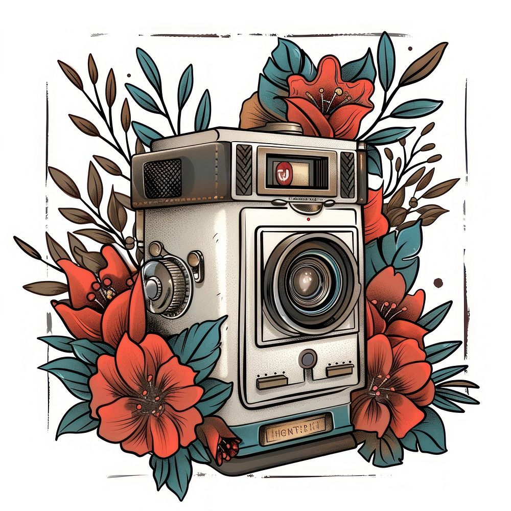 Tattoo illustration of a instant film camera electronics dynamite weaponry.