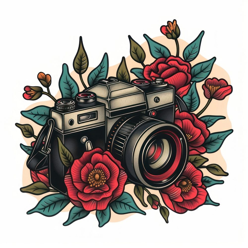 Tattoo illustration of a SLR camera electronics photography accessories.