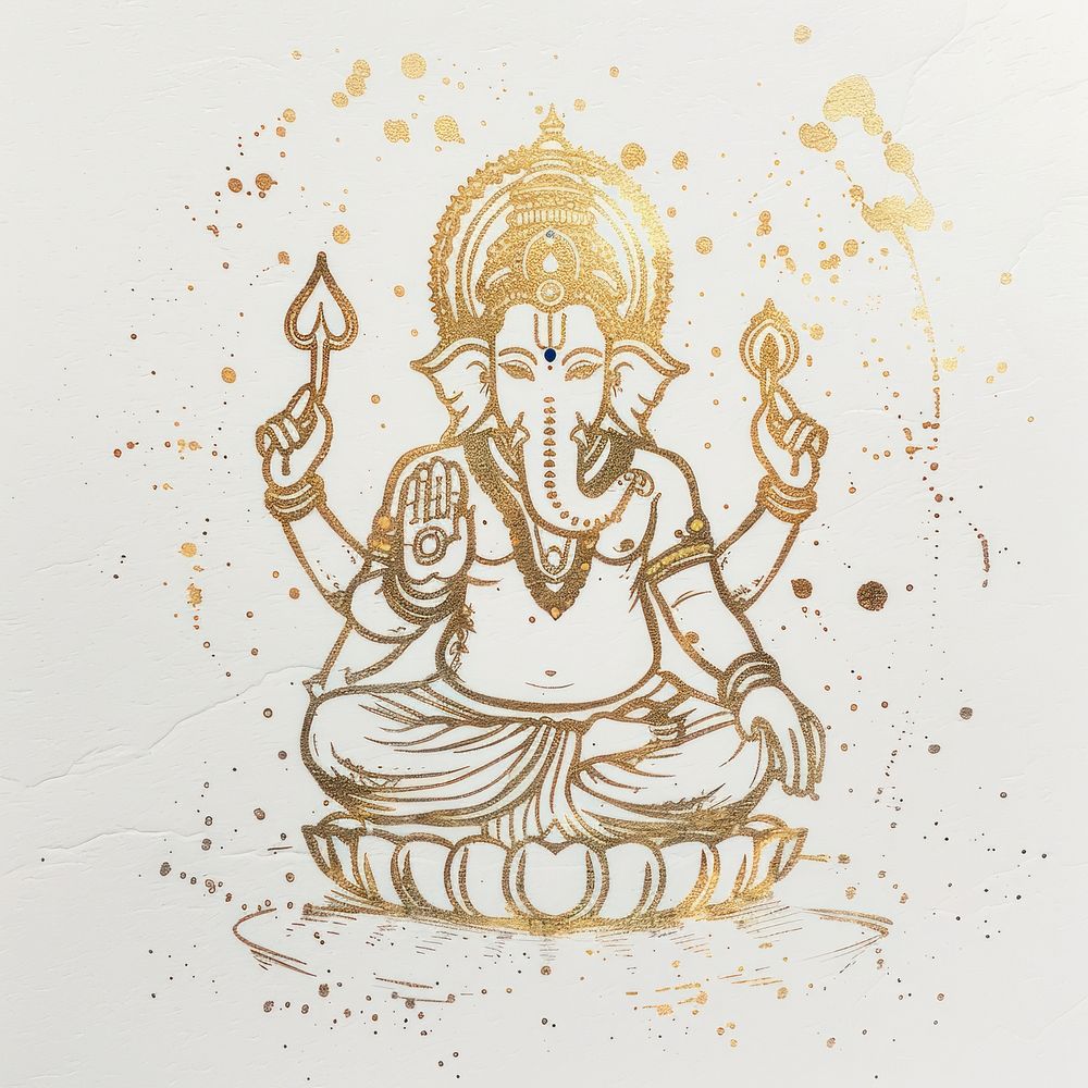 Gold Ink ganesha illustrated worship drawing.