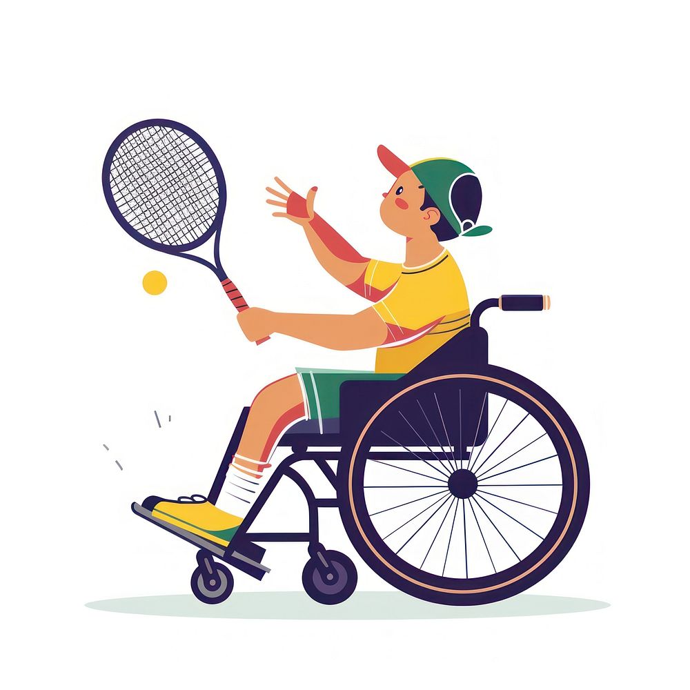 Handcap boy on a wheelchair tennis furniture machine.