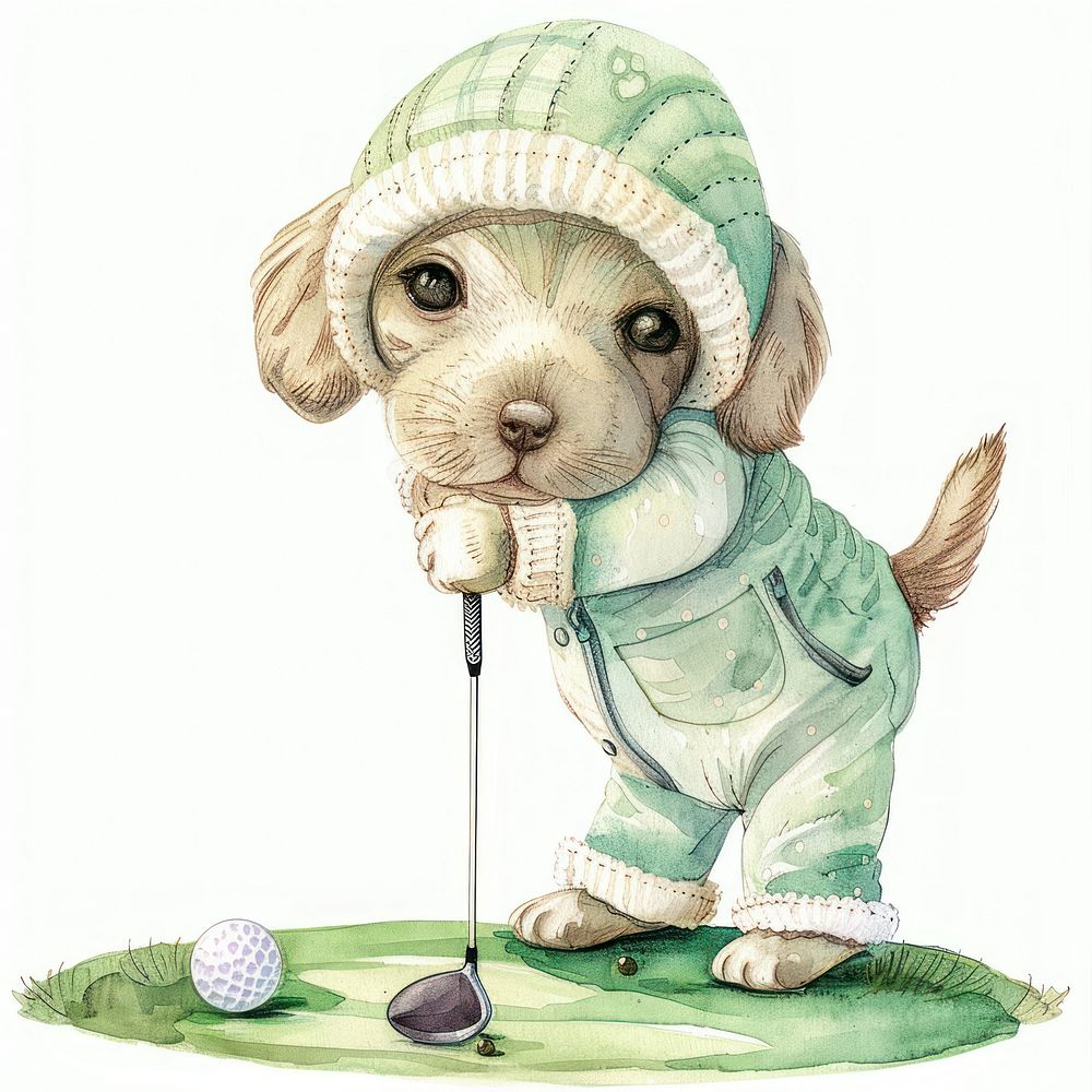 Baby cartoonish puppy golf person sports.