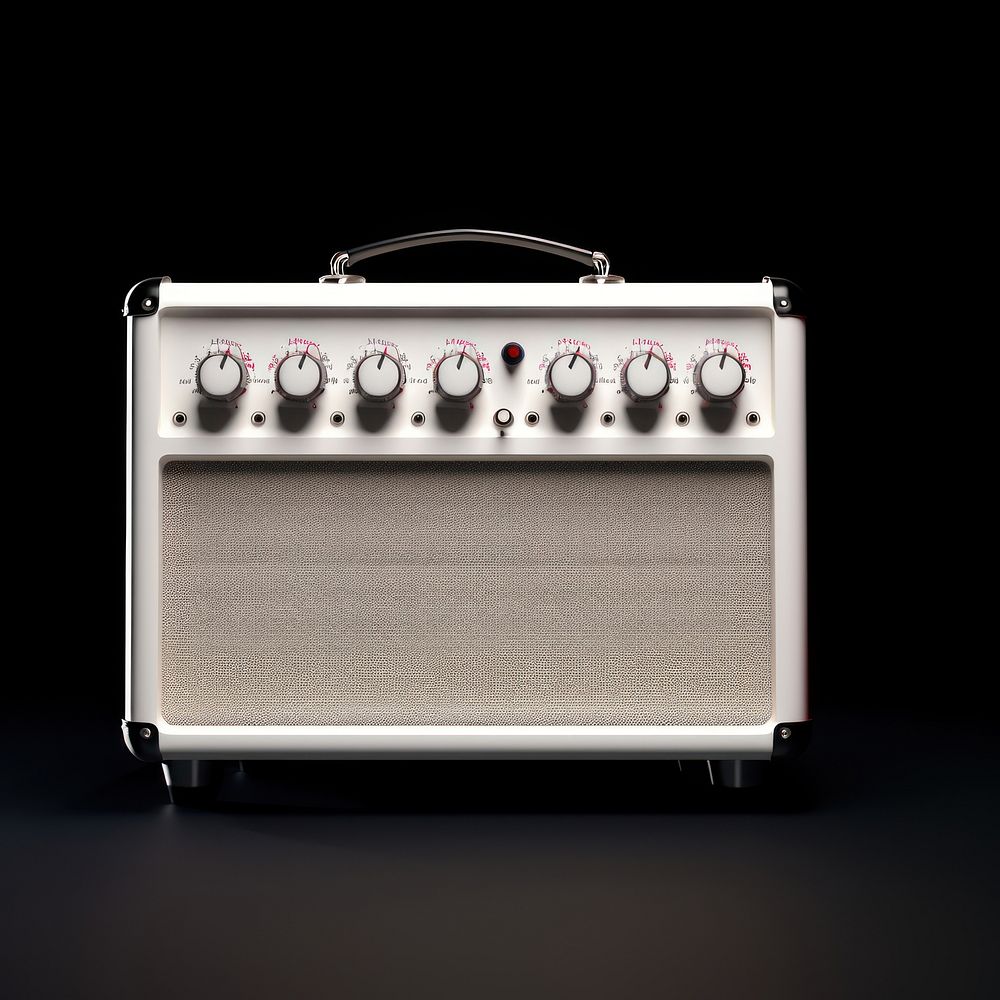 A white guitar amplifier with one speaker and two volume knobs for neutral background electronics audio speaker.