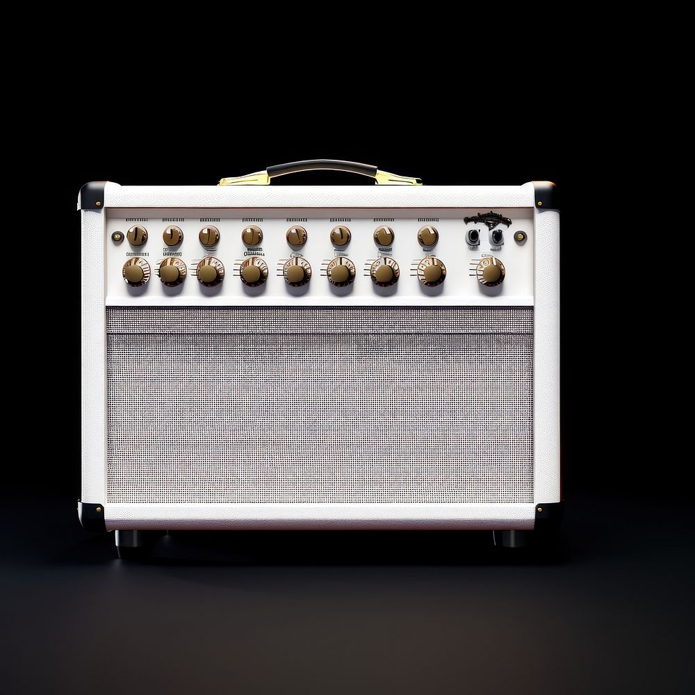 A white guitar amplifier with one speaker and two volume knobs for neutral background electronics blackboard.