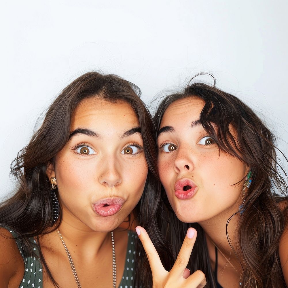 Close up face latin girl buddies crazy face and pose in photobooth snap shot photography accessories surprised.