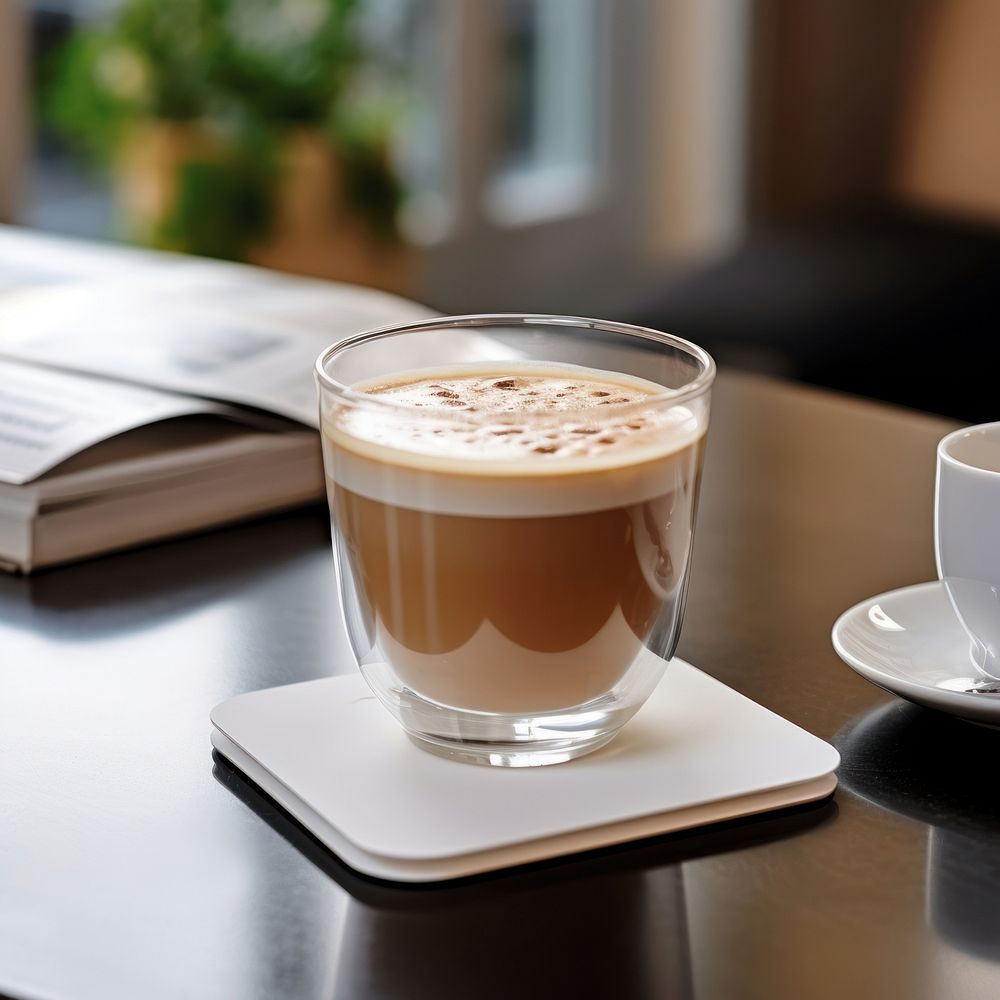 Hot coffee with white sticker on a glass beverage drink latte.