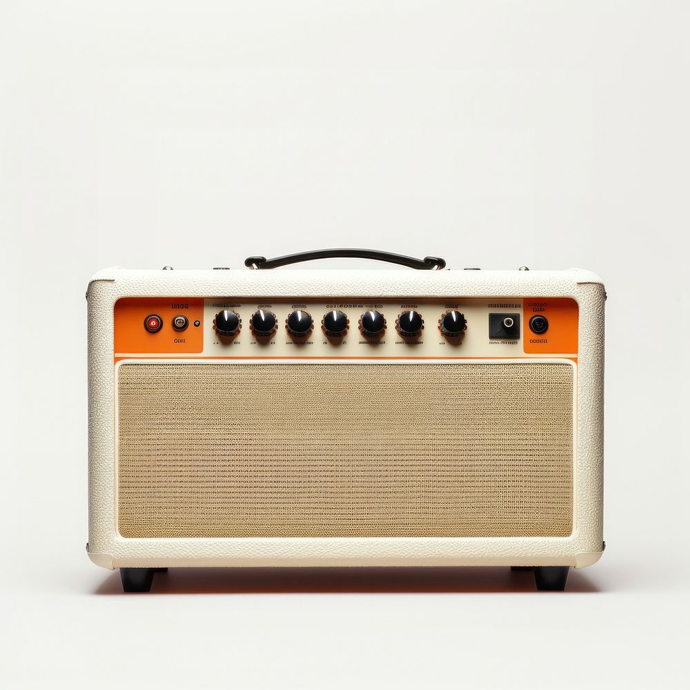 A white guitar amplifier with an understated minimalist design electronics speaker radio.