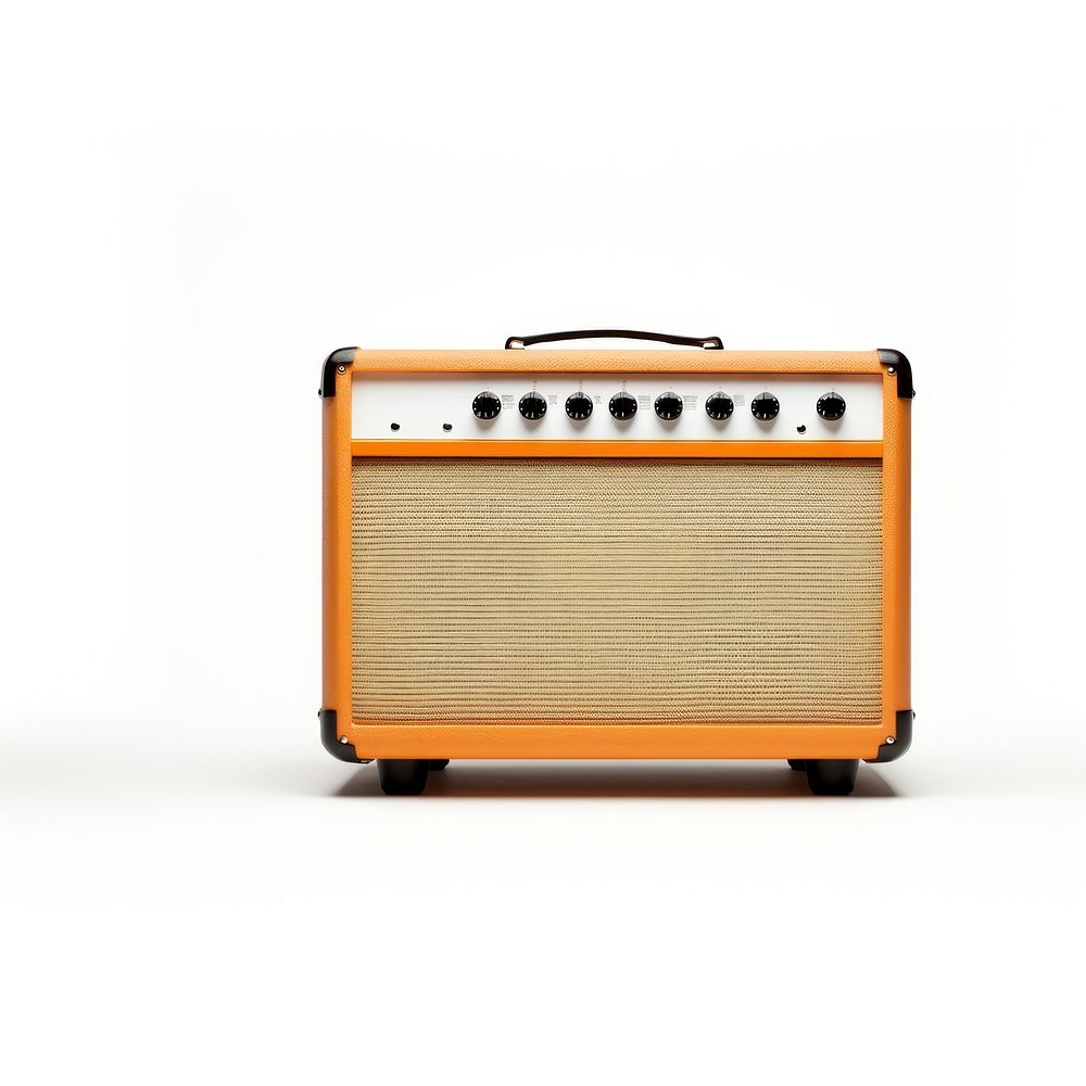 A white guitar amplifier with an understated minimalist design electronics.