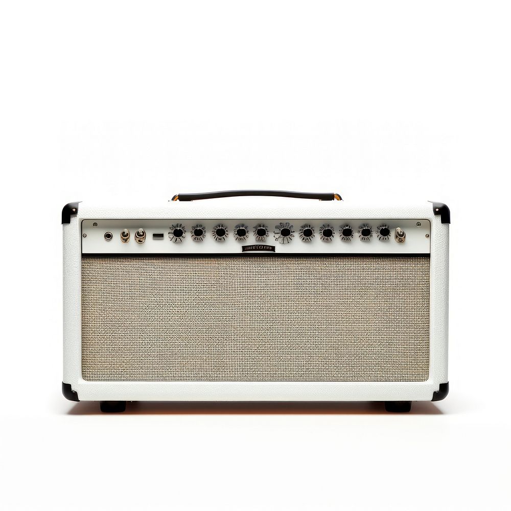 A white guitar amplifier with an understated minimalist design electronics microphone speaker.