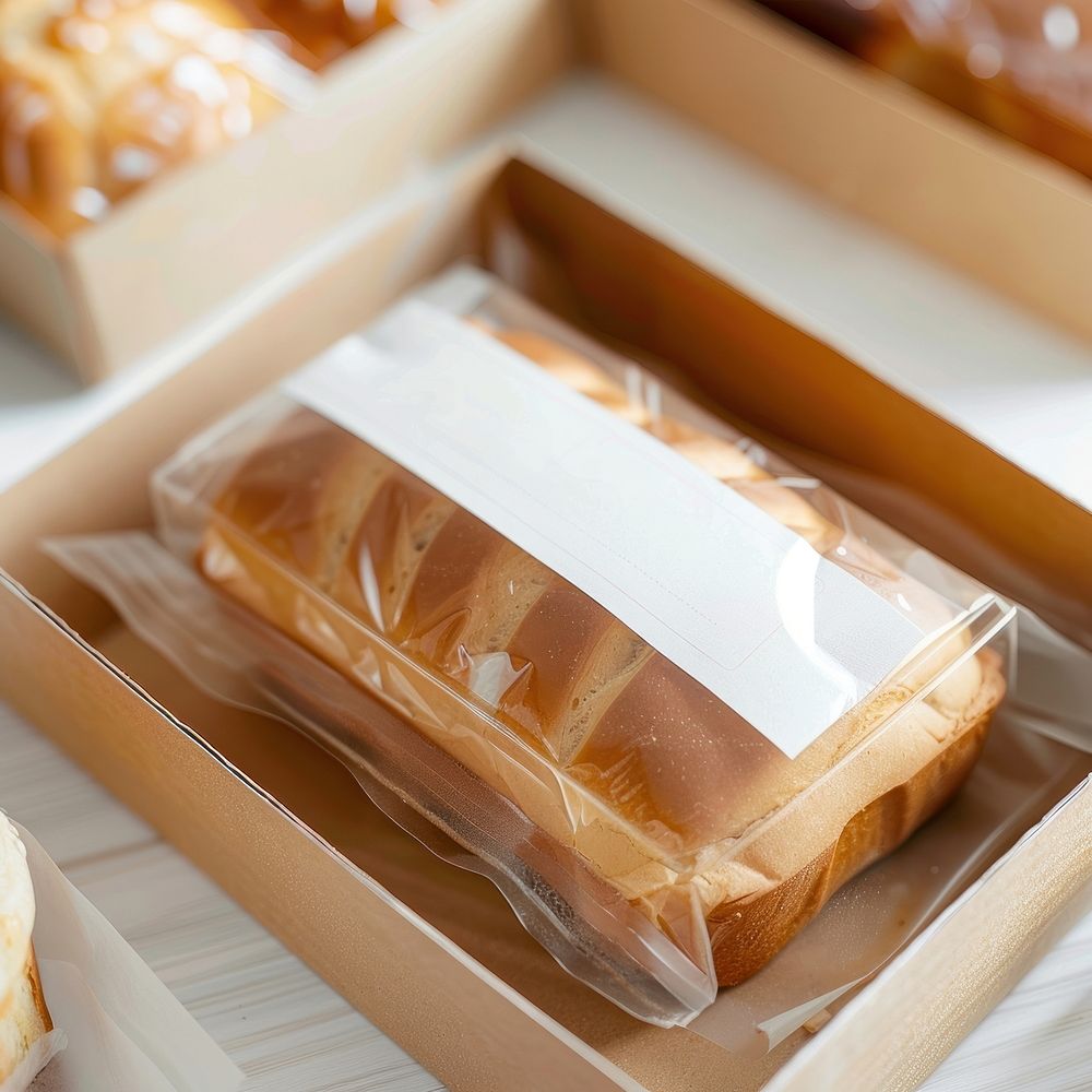 Focus on a white label on top bread dessert pastry.
