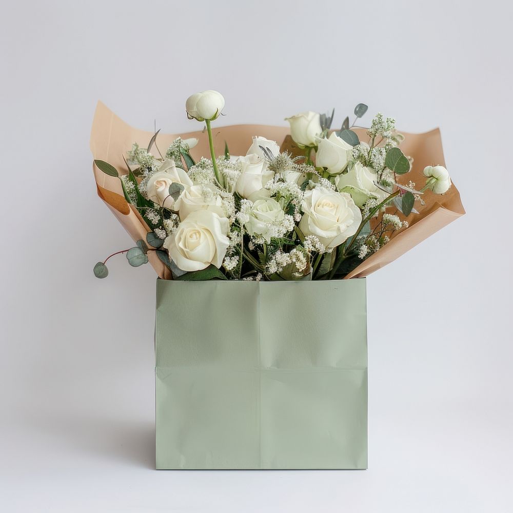Light green paper bag flower rose graphics.
