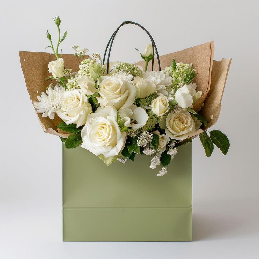 Light green paper bag flower rose graphics.