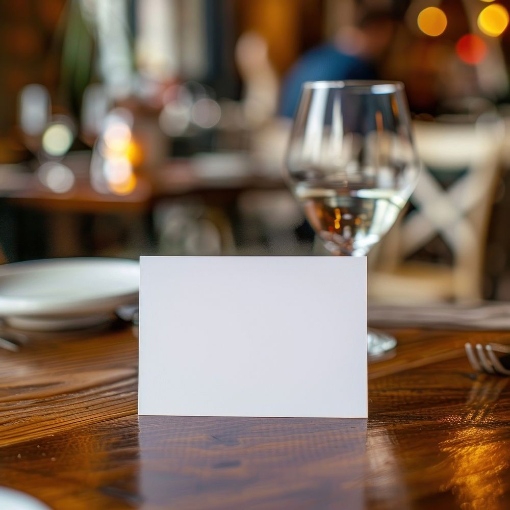 Blank white business card mockup restaurant table furniture.