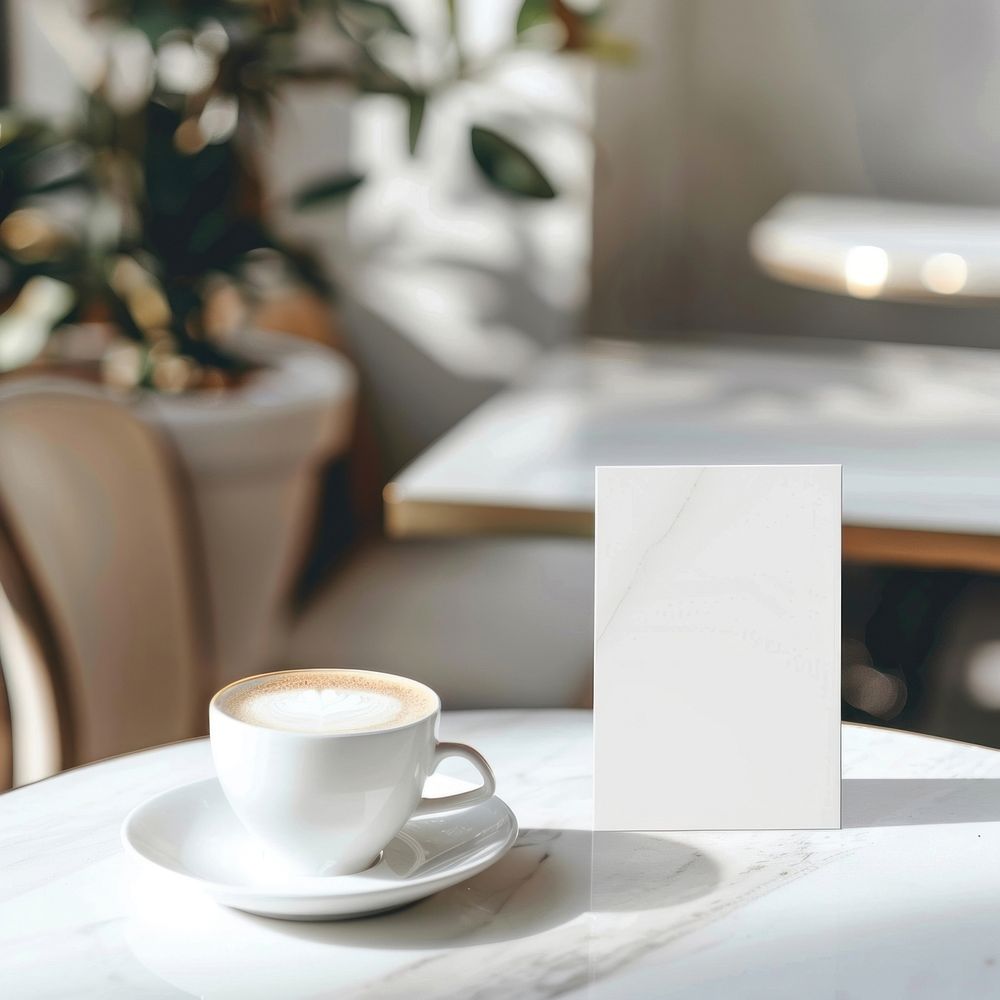 Blank white table reservation mockup furniture beverage espresso.